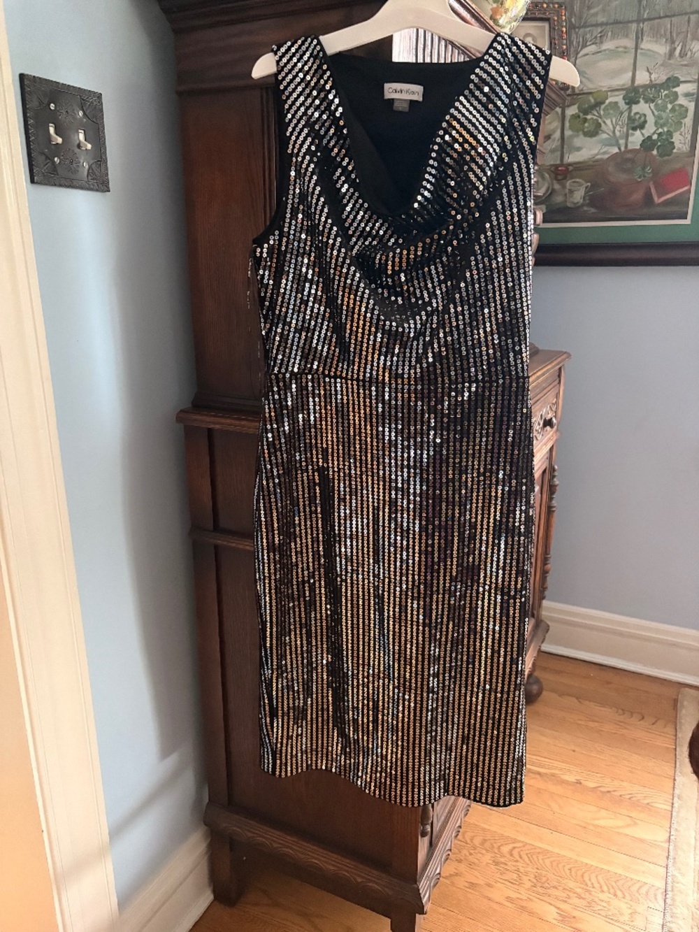 Calvin Klein Chic Sexy Black Velvet Sequin Cowlneck Sleeveless Dress in size 10